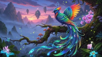 Majestic fantasy bird with vibrant iridescent feathers perched on an enchanted branch in a mystical twilight landscape with glowing flora.