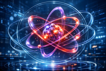Atomic Energy: A vibrant visualization of an atom showcasing a nucleus and orbiting electrons, a dynamic display of scientific study and innovation.