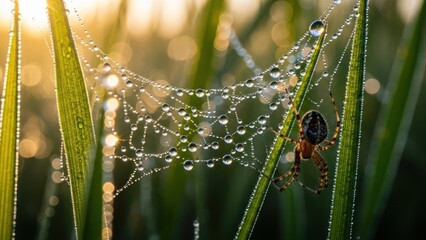 Macro shot of a garden spider on its intricate web covered in glistening morning dew drops, illuminated by soft golden sunrise light.