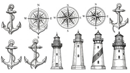 Nautical Anchor Lighthouse Compass Illustration Vector
