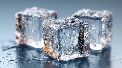 Transparent ice cube set with light refraction detail, realistic frost edges, cool bever and freshness symbol, perfect for advertising drinks, cocktails, or climate-related minimalist visual concepts.