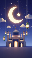 Magical 3D mosque illustration under a radiant crescent moon, twinkling stars, and festive lanterns, creating a serene backdrop for Islamic celebrations and spiritual greetings