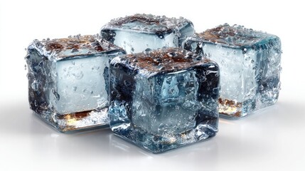 Transparent ice cube set with light refraction detail, realistic frost edges, cool bever and freshness symbol, perfect for advertising drinks, cocktails, or climate-related minimalist visual concepts.