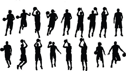 Large set of black silhouettes featuring basketball players in various action poses like shooting dribbling and jumping isolated on white background © AVIJIT