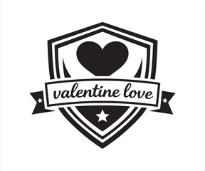 Valentine Love Shield Badge with Heart and Ribbon Illustration