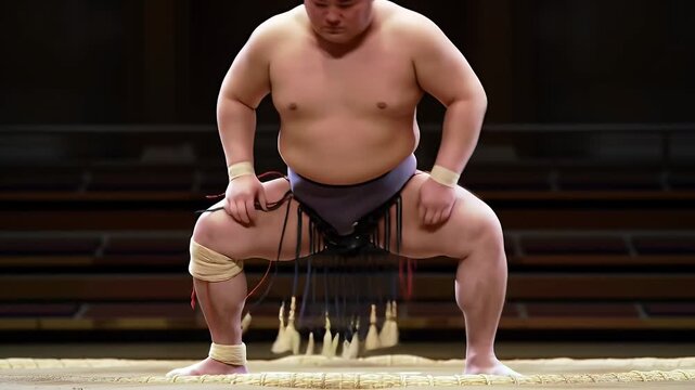 Focused sumo wrestler during ceremonial preparation, traditional japanese sport culture