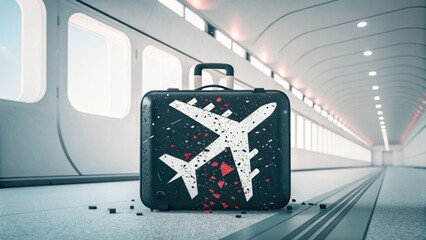 Global travel disruption concept suitcase with airplane symbol in modern airport terminal, representing uncertainty and emotional impact