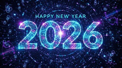 Happy new year 2026 celebration with sparkling blue and purple glittery numbers on dark background with bubbles and lights