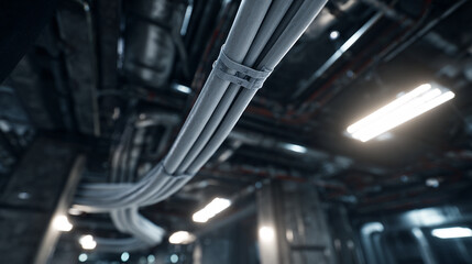 Industrial ceiling with pipes and fluorescent lighting.