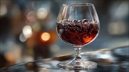 Transparent wine glass filled halfway with red wine, soft reflection surface captured, romance, luxury, celebration, fine art imagery, perfect for restaurants, beverage branding, or premium lifestyle.