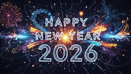 Happy new year 2026 celebration with colorful fireworks and sparkles on dark background