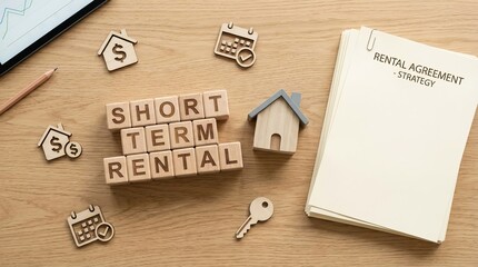 Wooden cubes labeled 'Short Term Rental' with a miniature house model. Short term rental concept