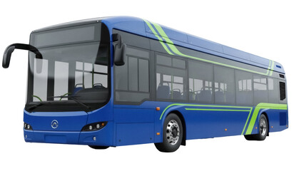 Blue city bus PNG isolated on transparent background, modern public transport vehicle with green stripes for urban mobility concepts