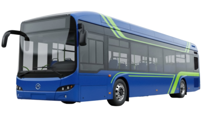 Blue city bus PNG isolated on transparent background, modern public transport vehicle with green stripes for urban mobility concepts