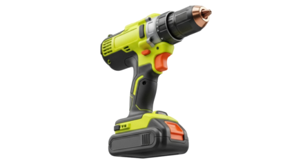 Cordless drill isolated PNG, yellow and black power tool for construction and home improvement on transparent background, DIY equipment