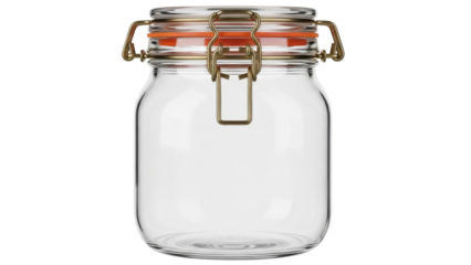 Empty glass jar with metal clasp isolated PNG on transparent background, vintage style container for food storage and canning