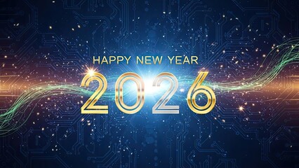 Happy new year 2026 celebration with gold numbers and sparkling lights on dark blue background with streaks of light