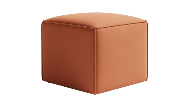 Square orange ottoman isolated PNG, modern cube pouf on transparent background, contemporary furniture for living room and interior design