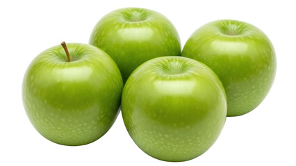 Group of four green Granny Smith apples isolated PNG, fresh and juicy fruit for healthy eating and cooking on transparent background