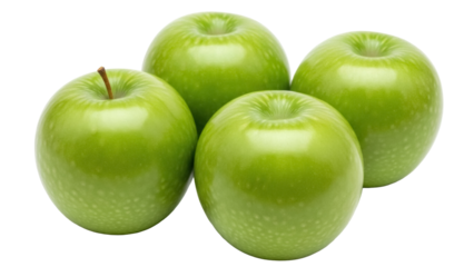 Group of four green Granny Smith apples isolated PNG, fresh and juicy fruit for healthy eating and cooking on transparent background