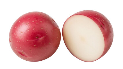 Two red potatoes, one cut in half isolated PNG, fresh root vegetable on transparent background, healthy eating and cooking ingredient