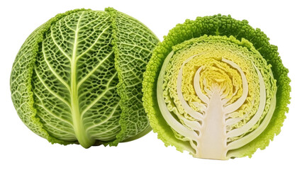 Savoy cabbage isolated PNG on transparent background, whole and halved fresh green vegetable for...