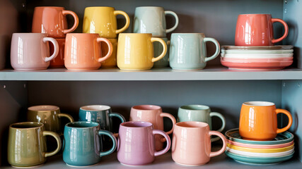 Colorful Ceramic Coffee Mugs on Shelf