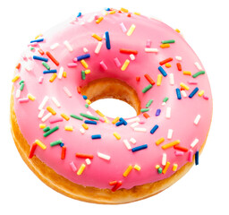 Sweet strawberry glazed donuts with sprinkles floating on white background, Delicious colorful donuts isolated on white background High resolution photograph PNG File..