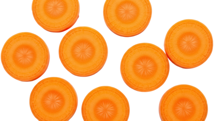 Fresh carrot slices PNG isolated on transparent background, vibrant orange vegetable circles for healthy eating and cooking concepts