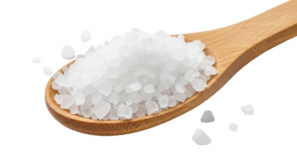 Sea salt crystals on wooden spoon isolated PNG, coarse grains for cooking and seasoning on...
