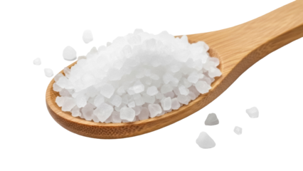 Sea salt crystals on wooden spoon isolated PNG, coarse grains for cooking and seasoning on transparent background