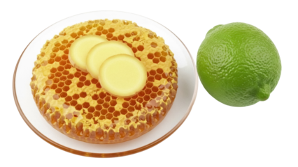 Honeycomb with ginger slices and lime isolated PNG on transparent background, natural sweetener and healthy food ingredient