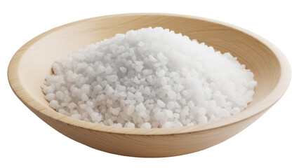 Coarse sea salt in wooden bowl isolated PNG, natural unrefined crystals for cooking and seasoning...