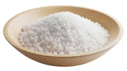 Coarse sea salt in wooden bowl isolated PNG, natural unrefined crystals for cooking and seasoning on transparent background