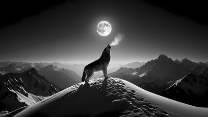 Majestic Wolf Howling at the Full Moon on a Snow-Capped Mountain Summit