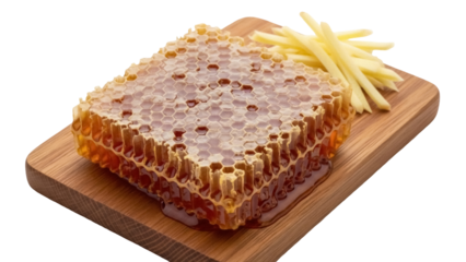 Honeycomb with honey isolated on a wooden board PNG, natural sweetener for healthy eating and cooking, on transparent background