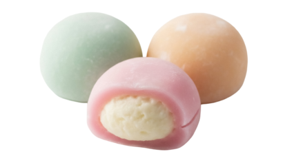 Colorful mochi ice cream isolated PNG on transparent background, Japanese rice cake dessert with sweet filling for food design