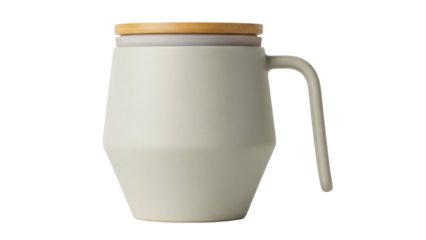 Sage green ceramic mug with wooden lid isolated PNG, modern tea or coffee cup for home and office on transparent background