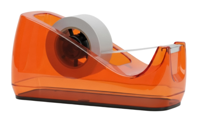 Orange tape dispenser with tape isolated PNG, office supply for packaging and sealing on transparent background