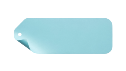 Light blue price tag PNG isolated on transparent background, blank label with curled corner for product promotion and retail use
