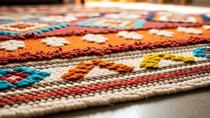 Close-up view of a vibrant, intricately woven rug featuring geometric and floral patterns with rich textures.