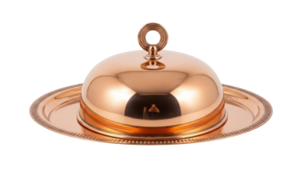 Elegant copper food dome isolated PNG, serving dish with lid on transparent background, vintage kitchenware for catering and restaurant use