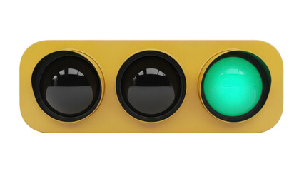 Yellow traffic light with green light on isolated PNG, transportation signal for road safety and traffic management on transparent background