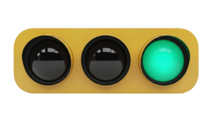 Yellow traffic light with green light on isolated PNG, transportation signal for road safety and traffic management on transparent background