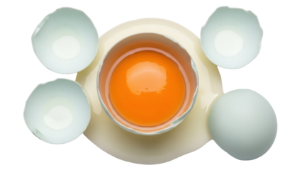Cracked egg with yolk isolated PNG on transparent background, broken eggshell pieces for cooking and baking design