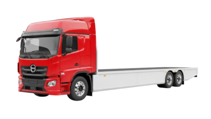 Red flatbed truck PNG isolated on transparent background, commercial vehicle for transporting goods and heavy equipment, transportation industry