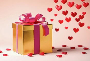 Luxurious gold gift box wrapped with a pink ribbon sits among scattered red hearts, creating a warm, romantic vibe perfect for Valentine&rsquo;s Day, gifts, and celebrations.