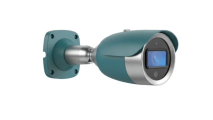 Turquoise bullet security camera isolated PNG on transparent background, surveillance system for home security and monitoring