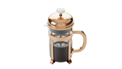 Copper French press coffee maker isolated PNG, plunger coffee pot for brewing hot drinks on transparent background