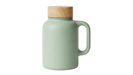 Light green water bottle with wooden lid isolated PNG, reusable container for hydration on transparent background, eco-friendly lifestyle